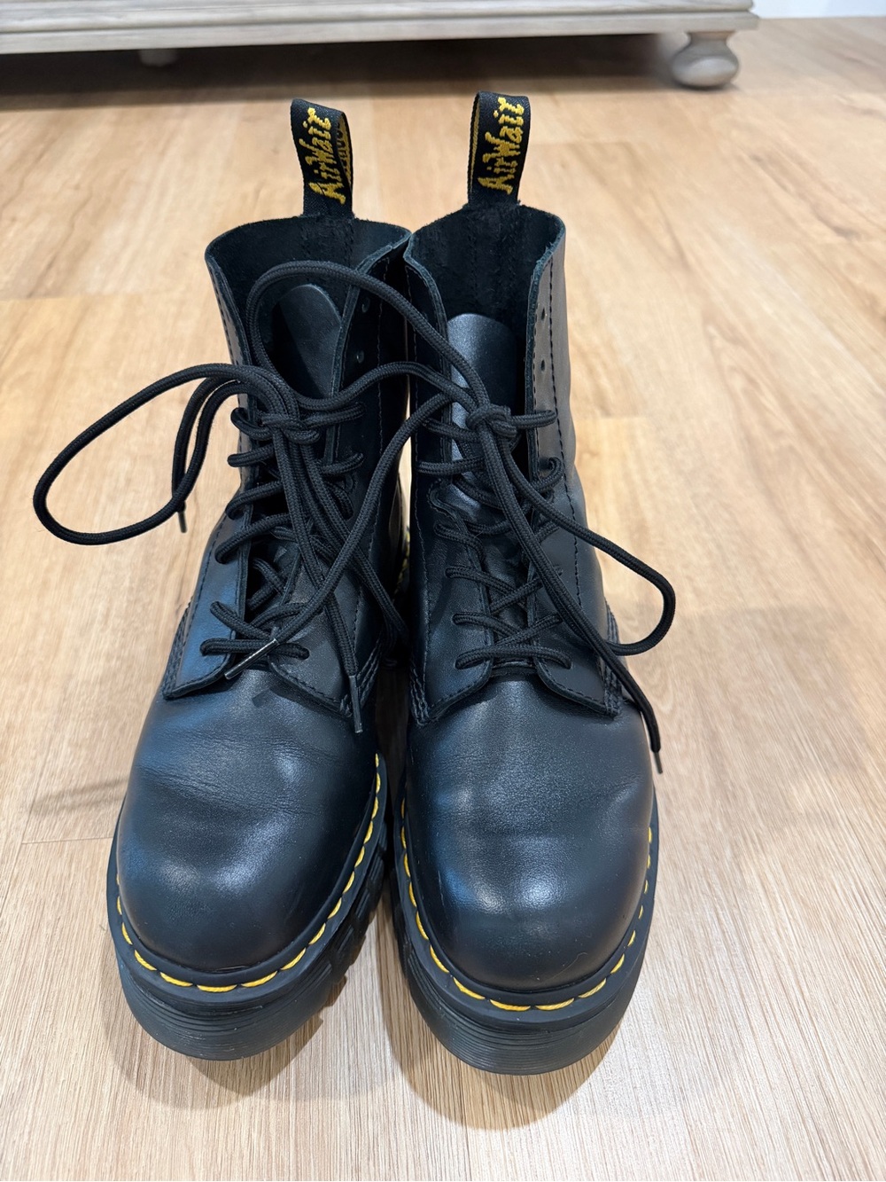 Dr. Martens Black Leather Lace-Up Boots with Yellow Stitching